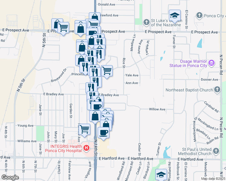 map of restaurants, bars, coffee shops, grocery stores, and more near 1501 East Bradley Avenue in Ponca City
