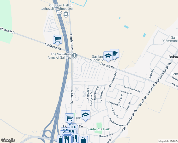 map of restaurants, bars, coffee shops, grocery stores, and more near 20 Russell Road in Salinas