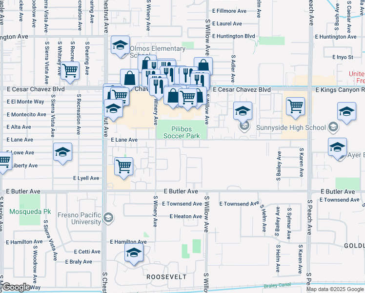 map of restaurants, bars, coffee shops, grocery stores, and more near 4944 East Lane Avenue in Fresno