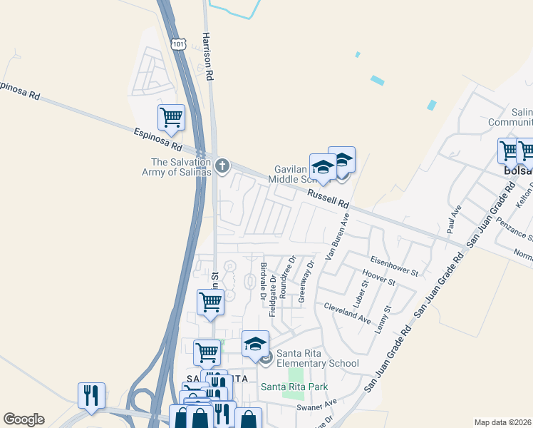 map of restaurants, bars, coffee shops, grocery stores, and more near 20 Russell Road in Salinas