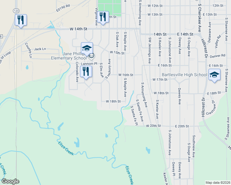 map of restaurants, bars, coffee shops, grocery stores, and more near 1657 South Oak Avenue in Bartlesville