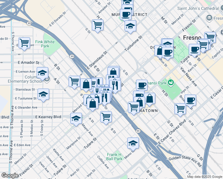 map of restaurants, bars, coffee shops, grocery stores, and more near 1435 Fresno Street in Fresno