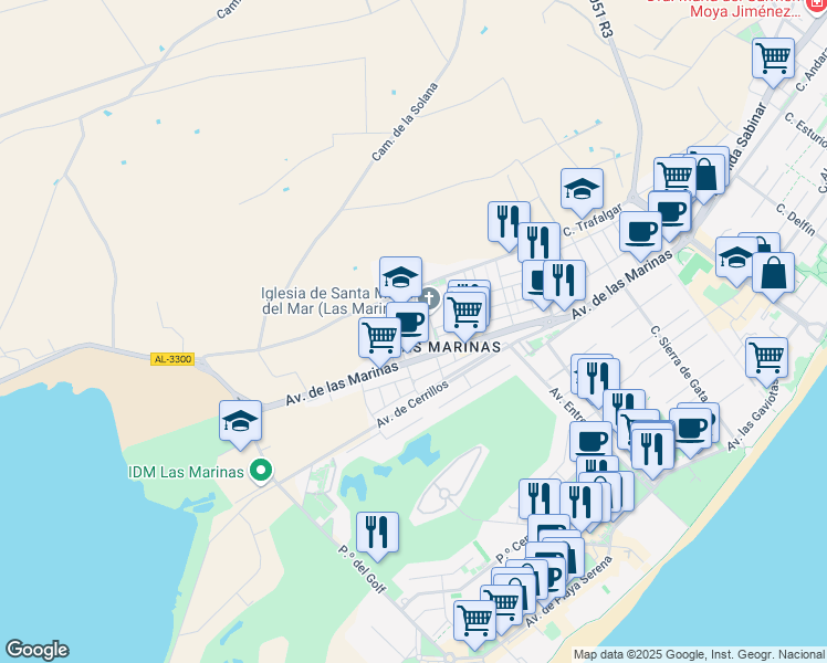 map of restaurants, bars, coffee shops, grocery stores, and more near 11 Calle Marco Polo in Roquetas de Mar
