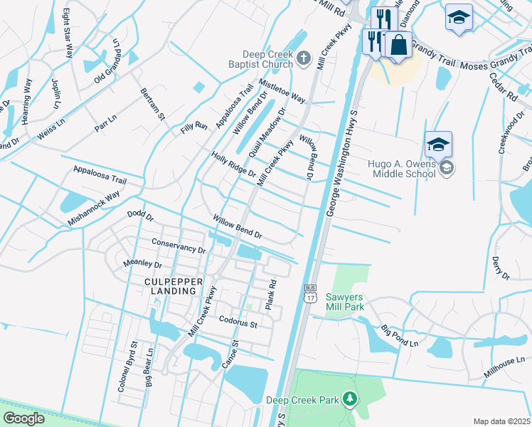 map of restaurants, bars, coffee shops, grocery stores, and more near 3124 Hunters Glen Court in Chesapeake