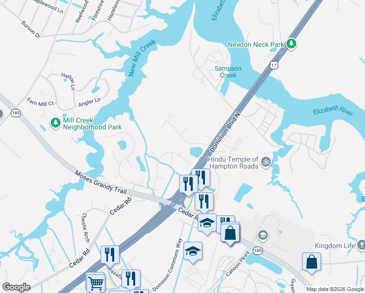 map of restaurants, bars, coffee shops, grocery stores, and more near 1702 Vinton Circle in Chesapeake