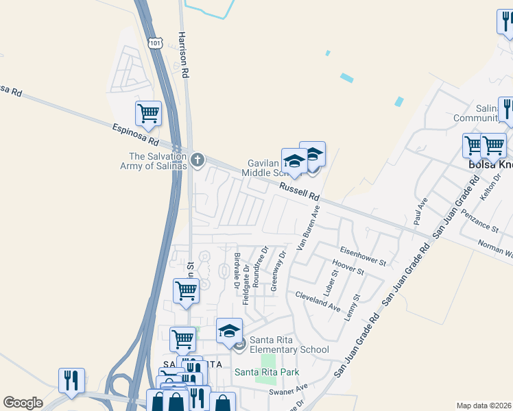 map of restaurants, bars, coffee shops, grocery stores, and more near 18487 Kennedy Street in Salinas