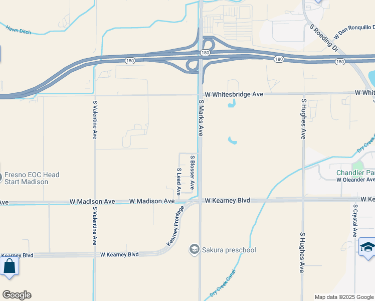 map of restaurants, bars, coffee shops, grocery stores, and more near 3044 West Chandler Avenue in Fresno