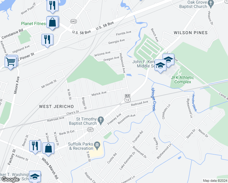 map of restaurants, bars, coffee shops, grocery stores, and more near 325 Bullock Street in Suffolk