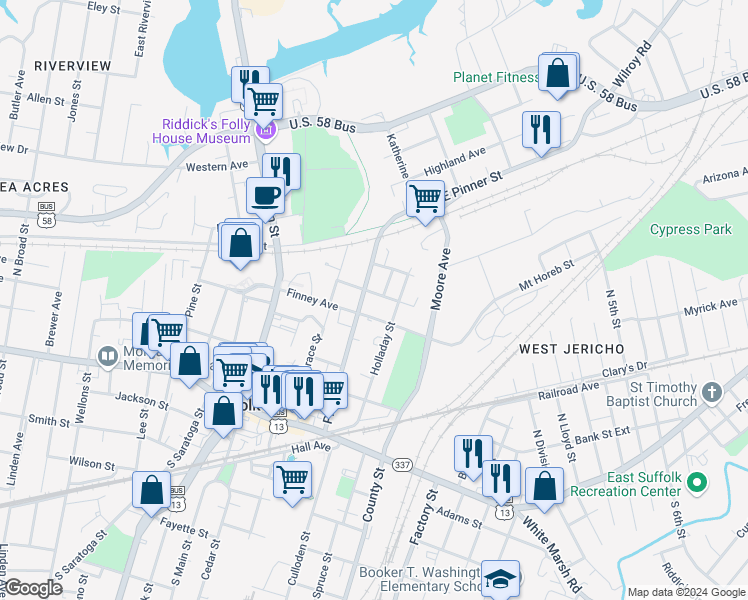 map of restaurants, bars, coffee shops, grocery stores, and more near 307 Central Avenue in Suffolk