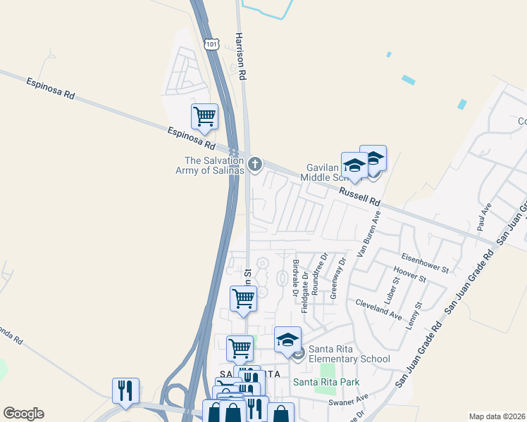 map of restaurants, bars, coffee shops, grocery stores, and more near 2412 North Main Street in Salinas