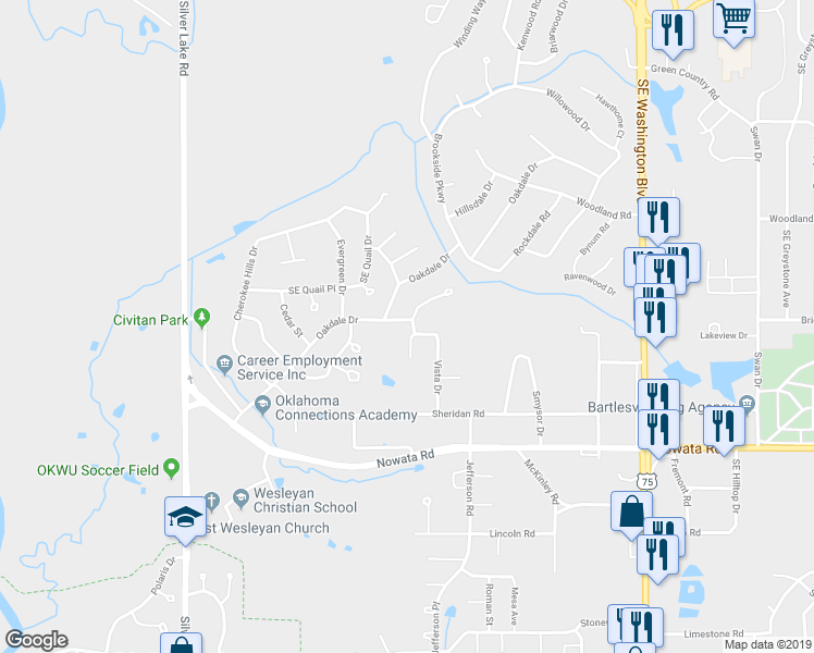 map of restaurants, bars, coffee shops, grocery stores, and more near 2918 Oakdale Place in Bartlesville