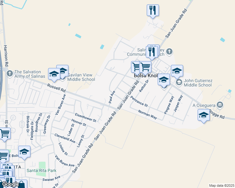 map of restaurants, bars, coffee shops, grocery stores, and more near 8 Newlyn Street in Salinas