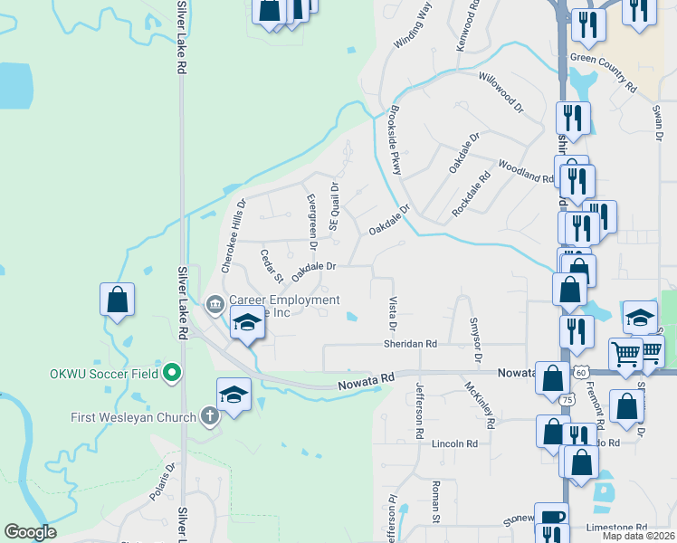 map of restaurants, bars, coffee shops, grocery stores, and more near 1480 Oakdale Drive in Bartlesville