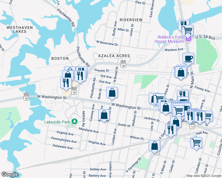 map of restaurants, bars, coffee shops, grocery stores, and more near 203 North Broad Street in Suffolk