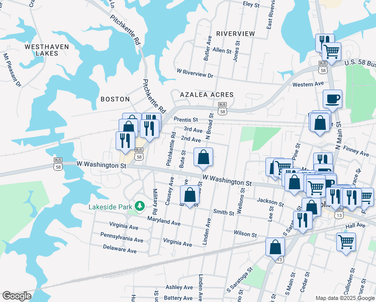 map of restaurants, bars, coffee shops, grocery stores, and more near 666 1st Avenue in Suffolk