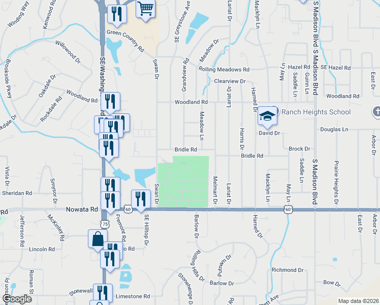 map of restaurants, bars, coffee shops, grocery stores, and more near 4407 Bridle Road in Bartlesville