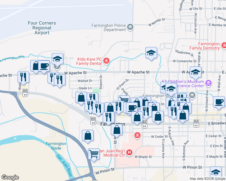map of restaurants, bars, coffee shops, grocery stores, and more near 217 El Paso Drive in Farmington