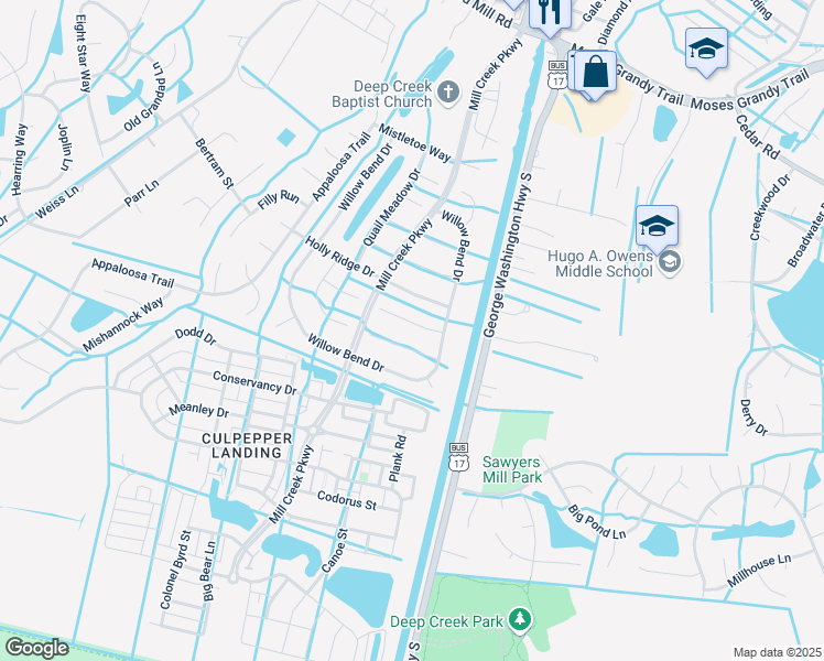 map of restaurants, bars, coffee shops, grocery stores, and more near 3113 Misty Hollow Court in Chesapeake