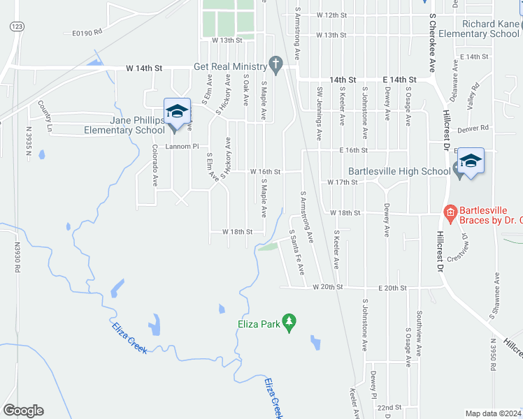 map of restaurants, bars, coffee shops, grocery stores, and more near 1655 South Maple Avenue in Bartlesville