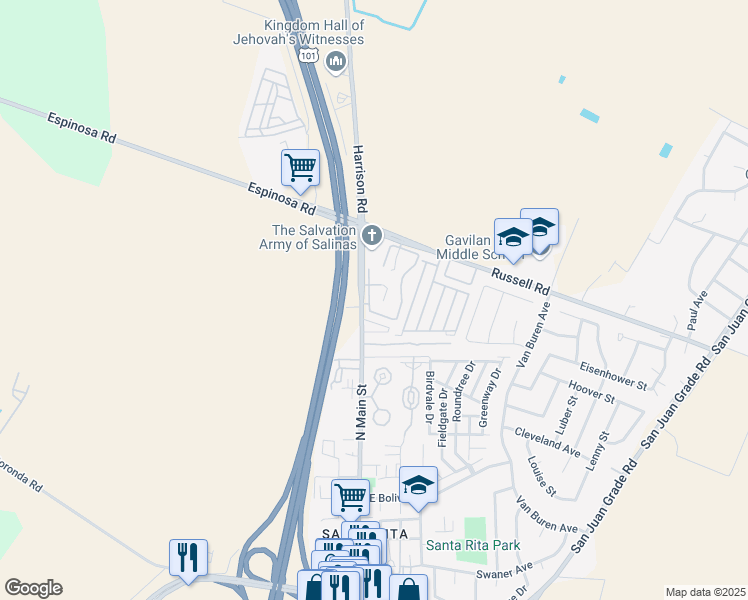 map of restaurants, bars, coffee shops, grocery stores, and more near 2400 North Main Street in Salinas