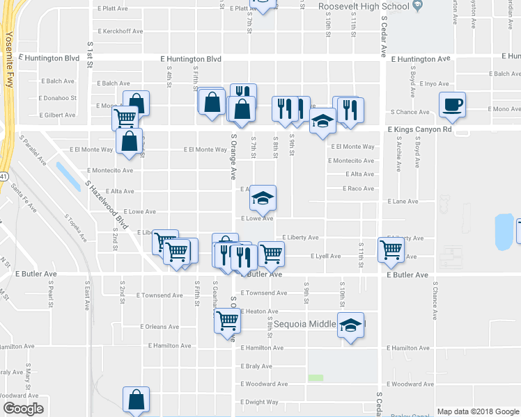 map of restaurants, bars, coffee shops, grocery stores, and more near 1052 South 8th Street in Fresno