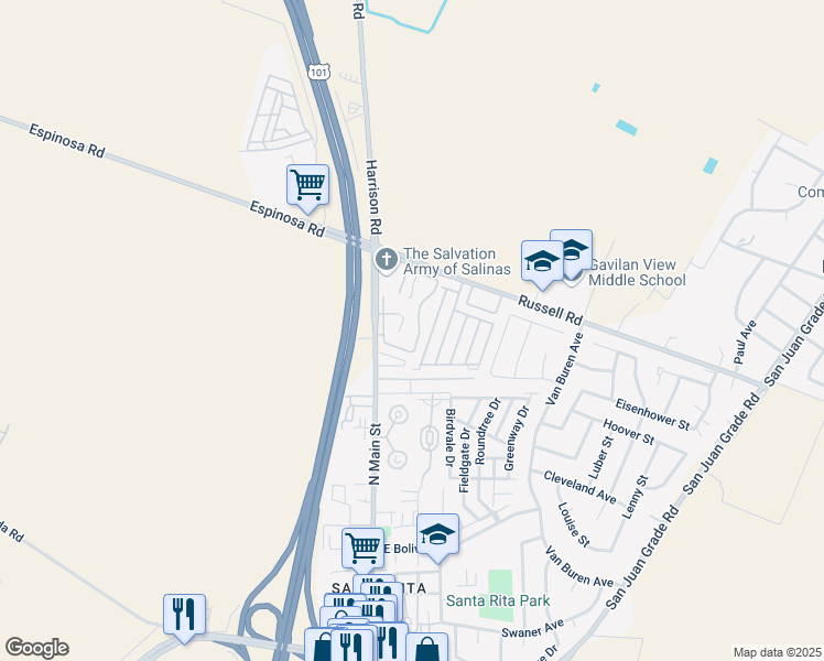 map of restaurants, bars, coffee shops, grocery stores, and more near 2412 North Main Street in Salinas