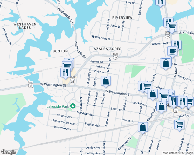 map of restaurants, bars, coffee shops, grocery stores, and more near 666 1st Avenue in Suffolk