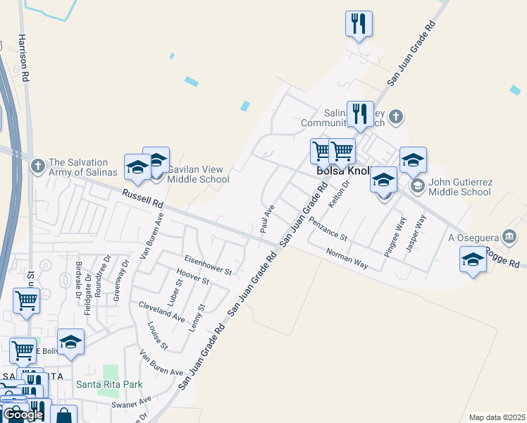 map of restaurants, bars, coffee shops, grocery stores, and more near 271 Paul Avenue in Salinas