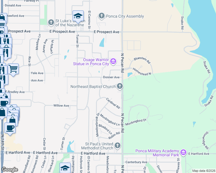 map of restaurants, bars, coffee shops, grocery stores, and more near 2409 Wood Thrush Road in Ponca City