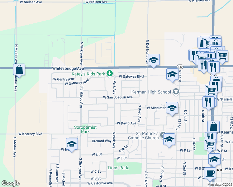 map of restaurants, bars, coffee shops, grocery stores, and more near 298 Park Avenue in Kerman