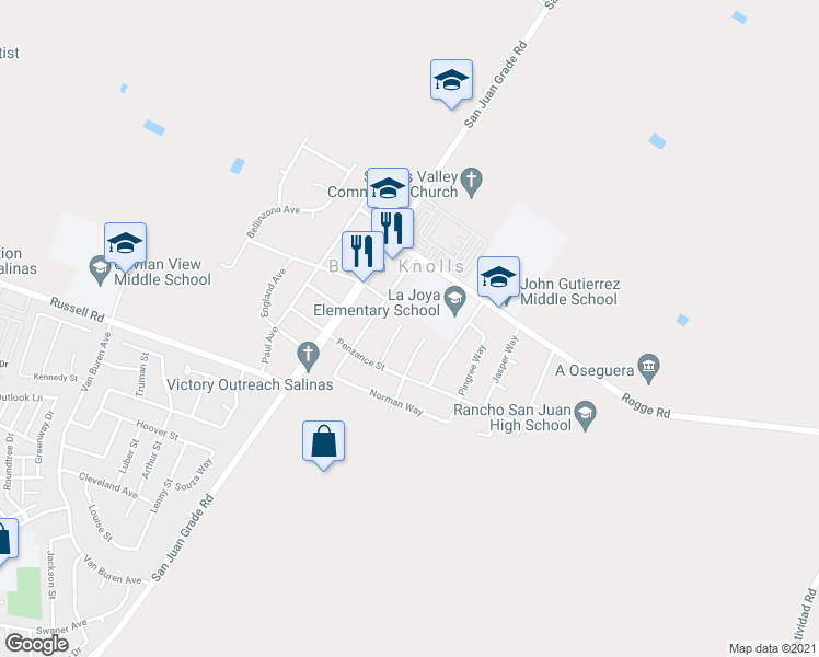 map of restaurants, bars, coffee shops, grocery stores, and more near 310 Medbury Drive in Salinas