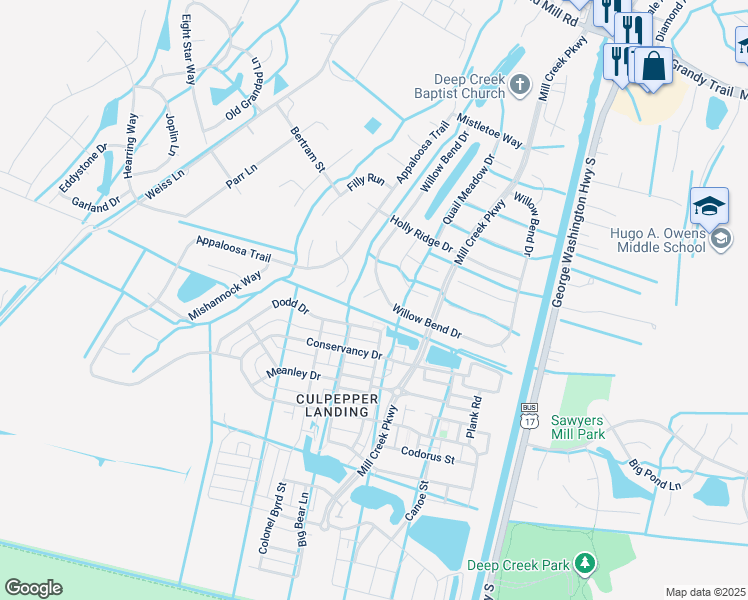map of restaurants, bars, coffee shops, grocery stores, and more near 505 Black Bear Court in Chesapeake
