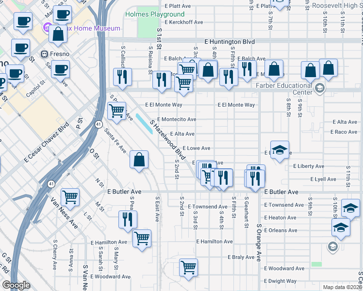 map of restaurants, bars, coffee shops, grocery stores, and more near 3211 East Lowe Avenue in Fresno