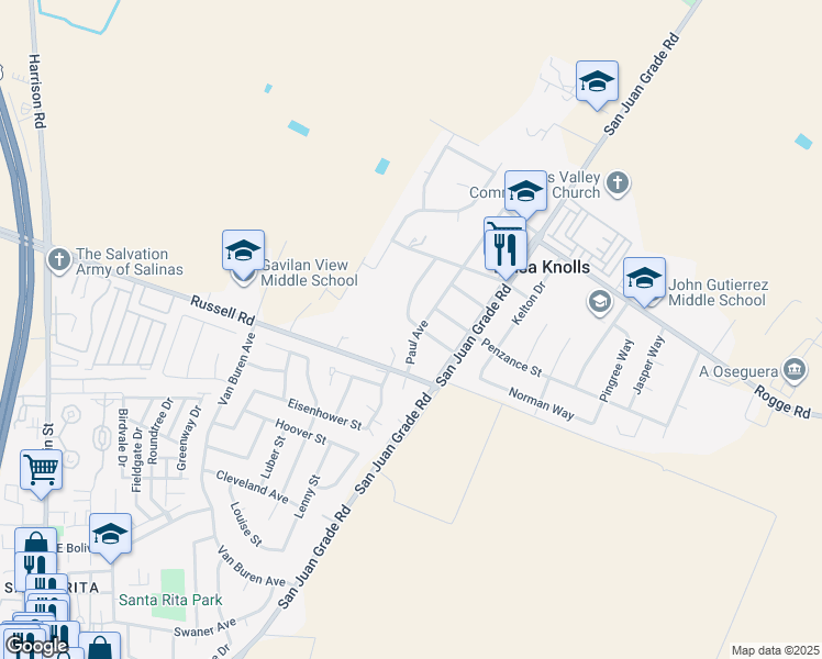 map of restaurants, bars, coffee shops, grocery stores, and more near 271 Paul Avenue in Salinas