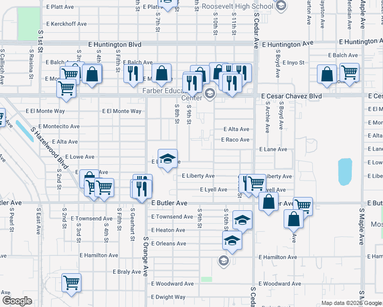 map of restaurants, bars, coffee shops, grocery stores, and more near 1035 South 9th Street in Fresno