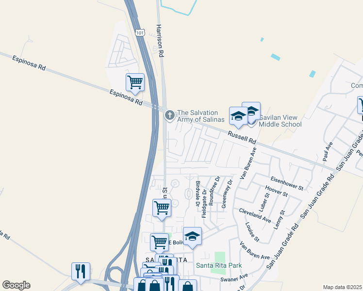 map of restaurants, bars, coffee shops, grocery stores, and more near 2412 North Main Street in Salinas