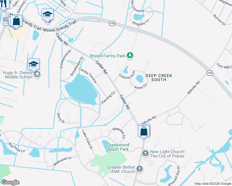 map of restaurants, bars, coffee shops, grocery stores, and more near 2593 Cedar Road in Chesapeake