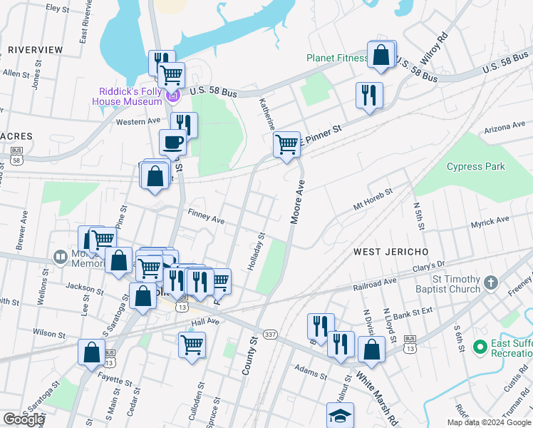 map of restaurants, bars, coffee shops, grocery stores, and more near 326 Central Avenue in Suffolk