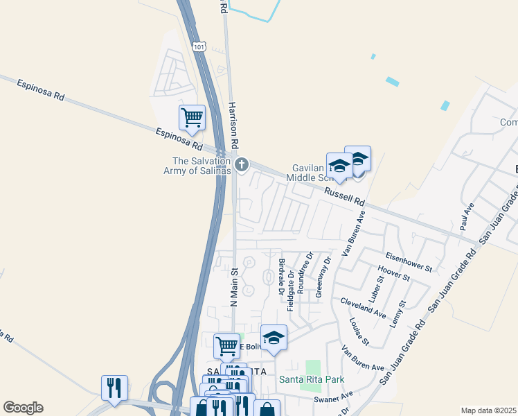 map of restaurants, bars, coffee shops, grocery stores, and more near 2412 North Main Street in Salinas