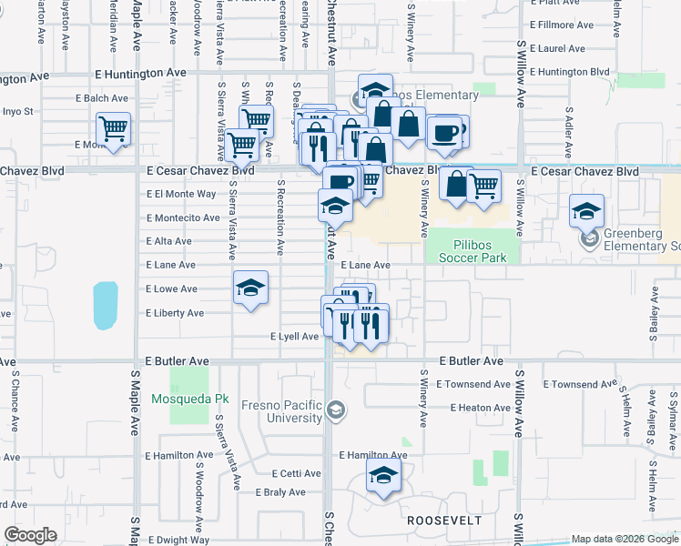 map of restaurants, bars, coffee shops, grocery stores, and more near 4860 East Lane Avenue in Fresno
