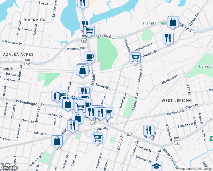 map of restaurants, bars, coffee shops, grocery stores, and more near 305 Hill Street in Suffolk