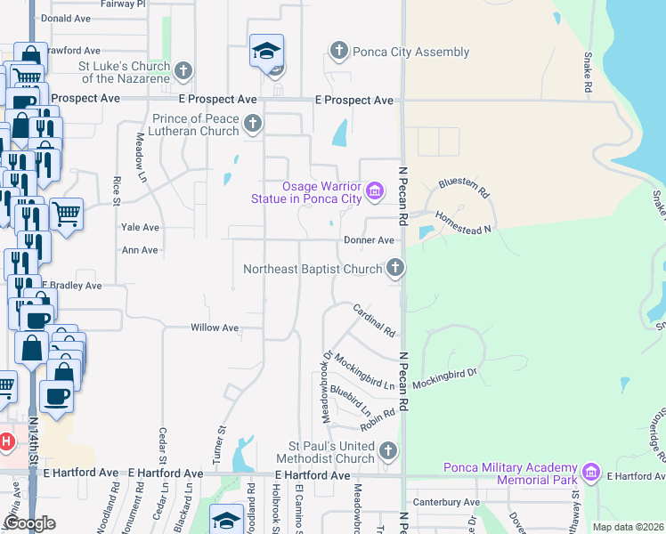 map of restaurants, bars, coffee shops, grocery stores, and more near 2312 Skylark Road in Ponca City
