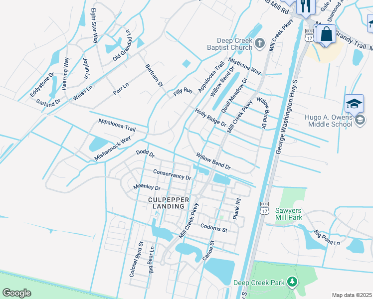 map of restaurants, bars, coffee shops, grocery stores, and more near 505 Black Bear Court in Chesapeake