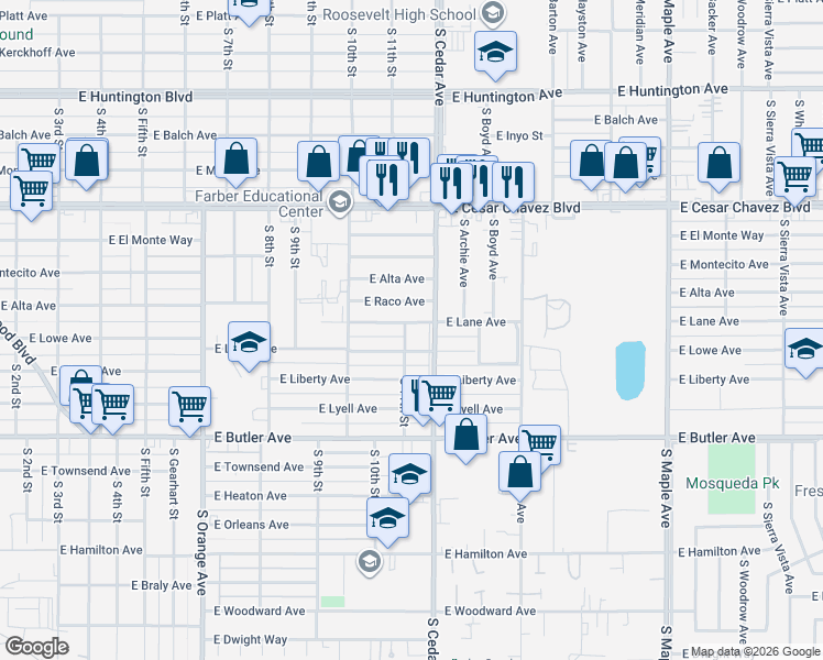 map of restaurants, bars, coffee shops, grocery stores, and more near 1125 South 11th Street in Fresno