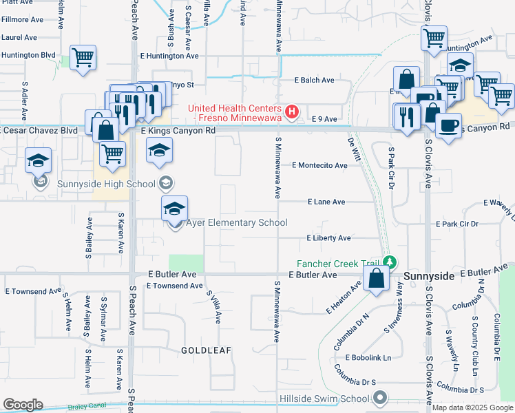 map of restaurants, bars, coffee shops, grocery stores, and more near 5373 East Lowe Avenue in Fresno