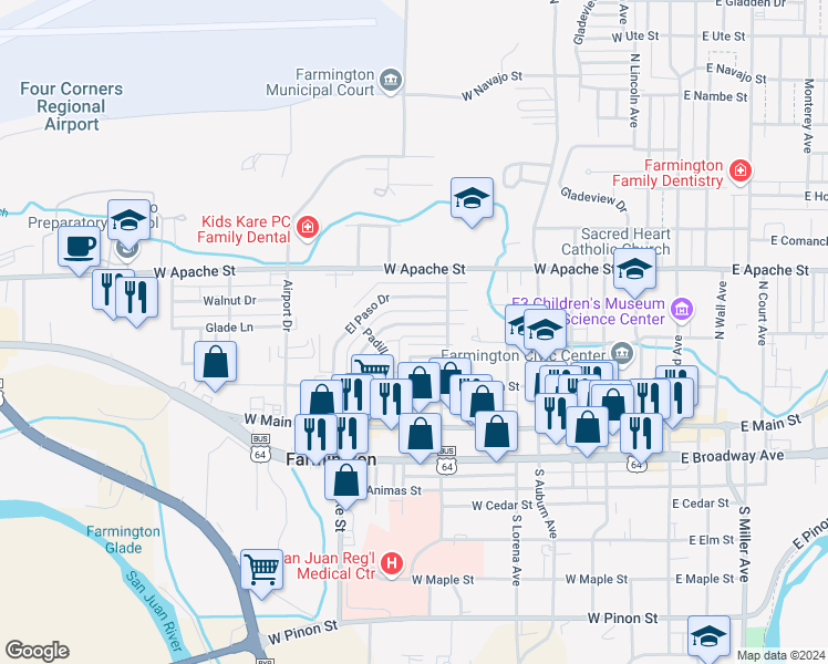 map of restaurants, bars, coffee shops, grocery stores, and more near 711 La Plata Drive in Farmington