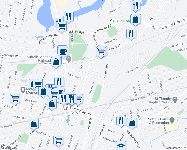 map of restaurants, bars, coffee shops, grocery stores, and more near 300 Eugenia Street in Suffolk