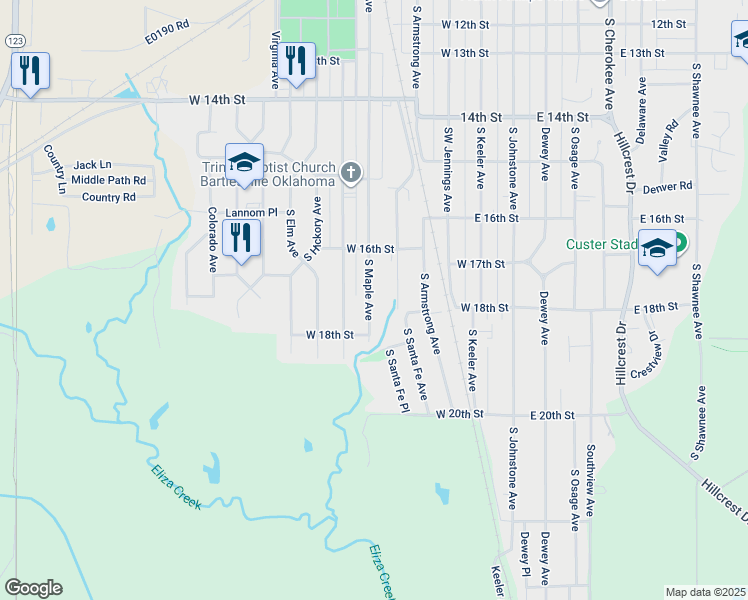 map of restaurants, bars, coffee shops, grocery stores, and more near 1648 South Maple Avenue in Bartlesville
