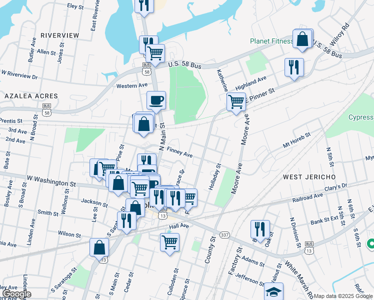map of restaurants, bars, coffee shops, grocery stores, and more near 305 Hill Street in Suffolk