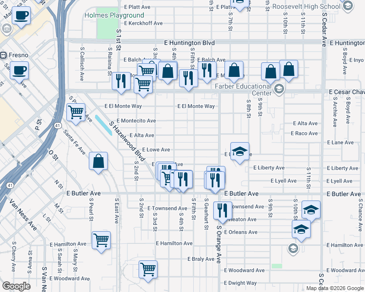 map of restaurants, bars, coffee shops, grocery stores, and more near 3405 East Lowe Avenue in Fresno